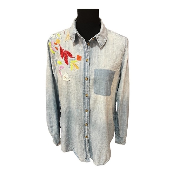Maeve Boise Embroidered Chambray Button Down Top Extra Small - Picture 2 of 11